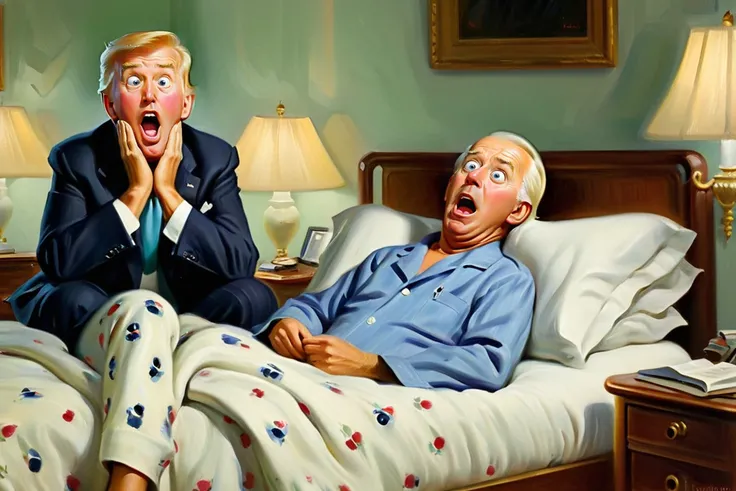 <lora:FF-Style-Edvard-Munch-vpred:1> in style of Edvard Munch, <lora:Art_Frahm:0.7> art by Art Frahm, 1950s, Edvard Munch painting of (Joe Biden:1.35) in pajamas lying in bed with surprised face, inspired by SCREAM painting, BREAK, (Donald trump in doctor's coat sitting near patient:1.35 )