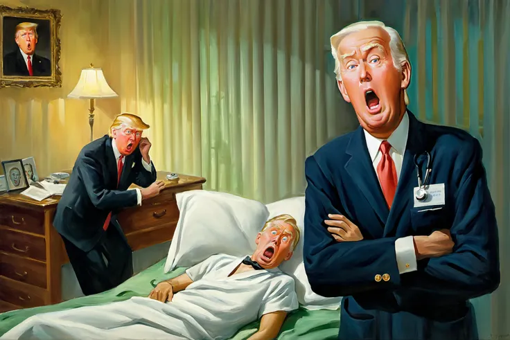 <lora:FF-Style-Edvard-Munch-vpred:0.9> in style of Edvard Munch, <lora:Art_Frahm:0.6> art by Art Frahm, 1950s, Edvard Munch painting of (Joe Biden:1.1) in pajamas lying in bed with surprised face, inspired by THE SCREAM painting, BREAK , (Donald trump as doctor in doctor's coat sitting near patient:1.3), emotional oil painting, highly detailed, volumetric, dramatic lighting, expression of feelings, imaginative