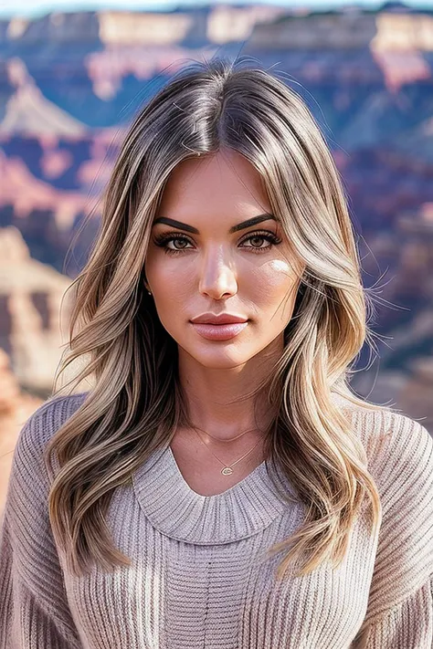 beautiful woman (EPLud0v1c4P4g4n1:.99),(masterpierce, photorealistic, best quality, 8k, dslr, absurdres,award winning photo, extremely detailed, amazing, fine detail, extremely detailed eyes and face),Closeup portrait of a classy woman, looking at viewer, wearing Chunky Knit Sweater, in The Grand Canyon - Arizona, USA , standing,