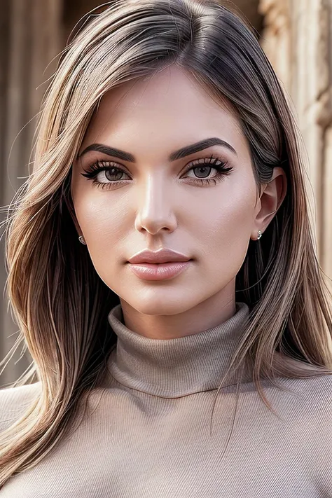 beautiful woman (EPLud0v1c4P4g4n1:.99),(masterpierce, photorealistic, best quality, 8k, dslr, absurdres,award winning photo, extremely detailed, amazing, fine detail, extremely detailed eyes and face),Closeup portrait of a classy woman, looking at viewer, wearing Ribbed Turtleneck, in Angkor Wat - Cambodia , standing,