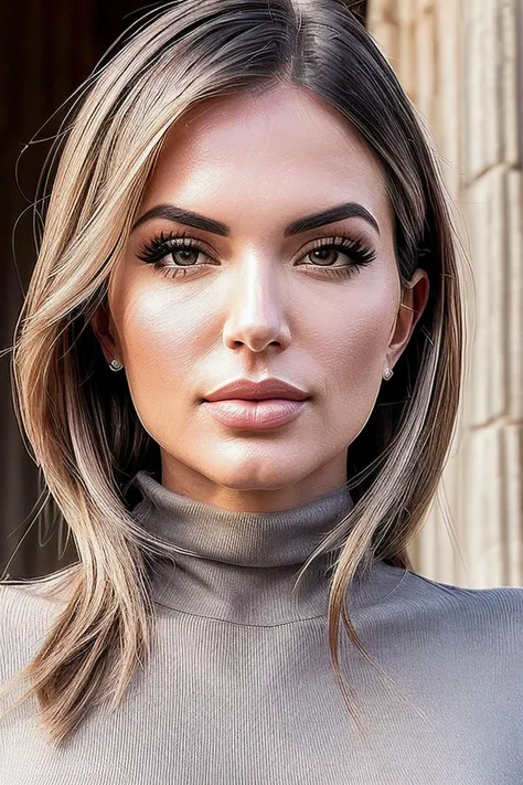 beautiful woman (EPLud0v1c4P4g4n1:.99),(masterpierce, photorealistic, best quality, 8k, dslr, absurdres,award winning photo, extremely detailed, amazing, fine detail, extremely detailed eyes and face),Closeup portrait of a classy woman, looking at viewer, wearing Ribbed Turtleneck, in Angkor Wat - Cambodia , standing,