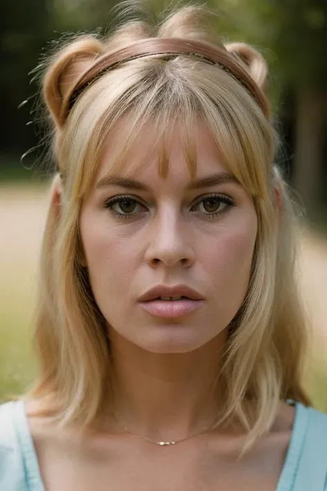 Realistic photo of a beautiful br1g1tt3-v2 woman,  1girl, solo, long hair, looking at viewer, bangs, blonde hair, shirt, upper body, hairband, parted lips, teeth, lips, portrait, hand on own face, realistic, nose, soft lighting, professional Photography, Photorealistic, detailed, RAW, analog, sharp focus, 8k, HD, DSLR, high quality, Fujifilm XT3, film grain, award winning, masterpiece<lora:br1g1tt3-v2:1.0>