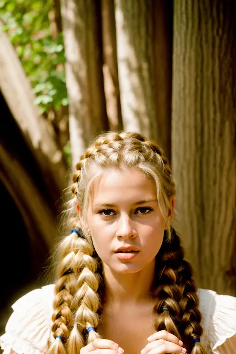 Realistic photo of a beautiful br1g1tt3-v2 woman, 1girl, solo, long hair, blonde hair, dress, sitting, braid, barefoot, twin braids, feet, tree, realistic, soft lighting, professional Photography, Photorealistic, detailed, RAW, analog, sharp focus, 8k, HD, DSLR, high quality, Fujifilm XT3, film grain, award winning, masterpiece<lora:br1g1tt3-v2:1.0><lora:br1g1tt3-v2:1.0><lora:br1g1tt3-v2:1.0><lora:br1g1tt3-v2:1.0>