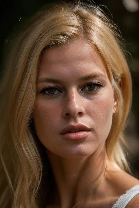 Portrait d'une rousse de 22 ans, Gwyneth Paltrow, Chest close-up, unbuttoned white blouse, pas de soutien gorge, petits seins, petite poitrine, Tips of breasts deform the blouse, en petite culotte, Ultra-detailed skin texture, sexuality, seduction, regard amoureux, Standing in a river, rochers, arbres, soleil couchant, cinematic rendering, 32K, facial sharpness