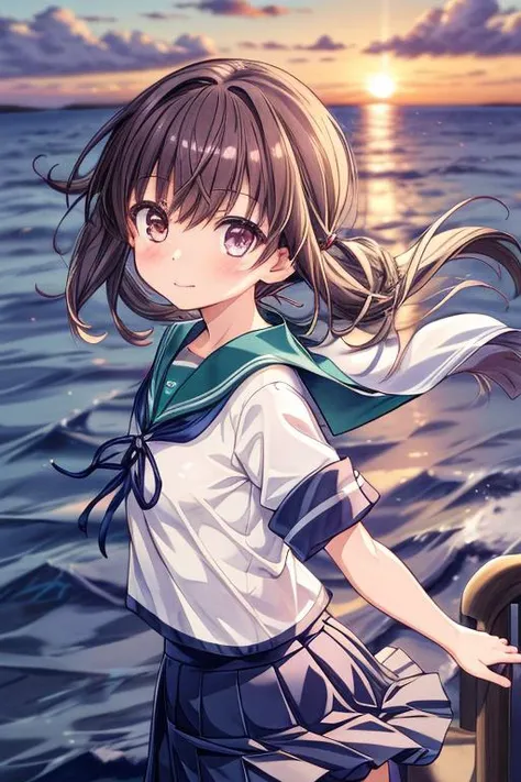 ultra-detailed,masterpiece,best quality,girl, petite,shiny eyes,close up,facing viewer,ocean,standing on ocean,sunset,strong wind,cloud,<lora:add_detail:1> <lora:fubuki:0.7>fubukiKC,skirt, school uniform, pleated skirt, serafuku, sailor collar, low ponytail