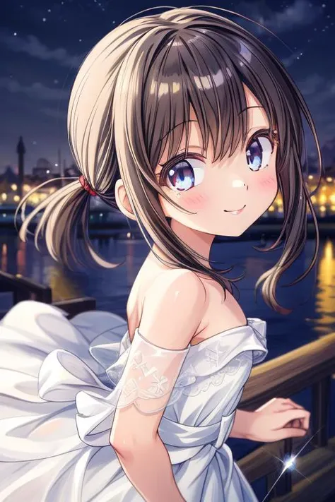 ultra-detailed,masterpiece,best quality,girl, petite,shiny eyes,from front,close up,facing viewer,town,night,smile,<lora:add_detail:1>   <lora:fubuki:0.7>fubukidressKC,dress, white dress, black low ponytail