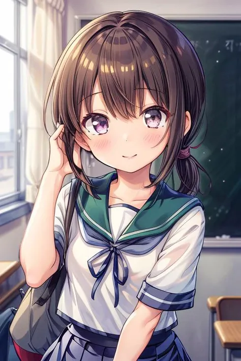 ultra-detailed,masterpiece,best quality,girl, petite,shiny eyes,upper body,facing viewer<lora:add_detail:1> <lora:fubuki:0.7>fubukiKC,skirt, school uniform, pleated skirt, serafuku, sailor collar, low ponytail, short ponytail,