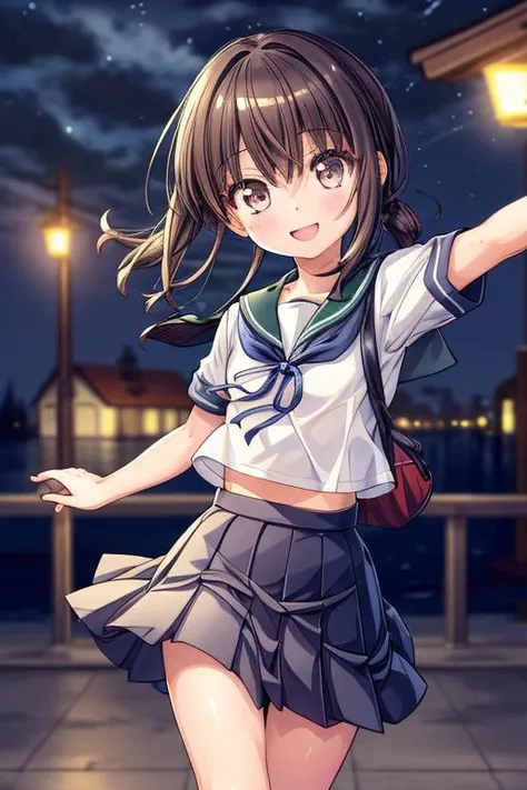 ultra-detailed,masterpiece,best quality,girl, petite,shiny eyes,from front,(close up),facing viewer,town,night,smile,<lora:add_detail:1> <lora:fubuki:0.7>fubukiKC,skirt, school uniform, pleated skirt, serafuku, sailor collar, low ponytail