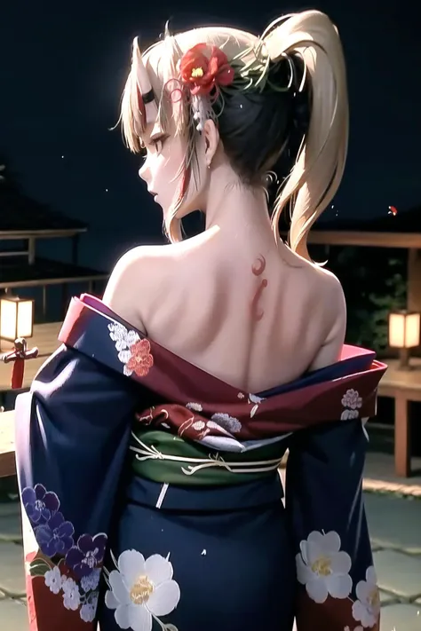 High Quality, Masterpiece, Nakiri Ayame, long hair, side ponytail, AyameNewYears, red kimono, floral print, hair flower, sash, wide sleeves, <lora:Char_VTuber_NakiriAyame:1>, night, (dark enviroment), from behind, shoulder blades,