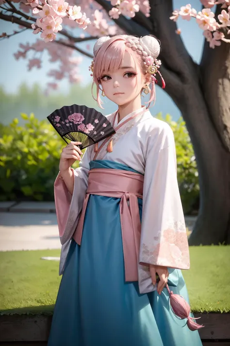 masterpiece, best quality,8K,realistic,
,
1girl, solo, braid, cosplay, (pink hair:!.2), long sleeves, holding, looking at viewer, blurry background, outdoors, dress, hair ornament, chinese clothes, blurry, tree, hand fan, long hair, jewelry, hair bun, earrings, twin braids, black eyes, bangs, holding fan, closed mouth, hanfu, day, standing, ribbon, blue dress, hair rings, flower, double bun,