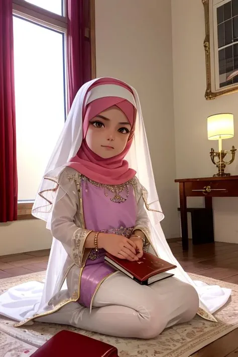 masterpiece, best quality,shiny skin,1girl, pink hijab, candles, prayer, (blonde hair:1.2), devout, midnight, red eyes, ornate, looking at viewer, bracelet, solo, mosque, muslima, book,white pantyhose, lamplights, serious stare, conservative, balkan, sparkling eyes, loose hair, flowing outfit,kneeling, charms, hair between eyes, lips, lowlight, consecrated, indoors, sacred, closed mouth, large windows, iridescent eyes