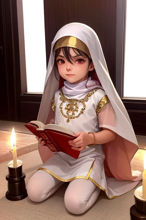 masterpiece, best quality,shiny skin,1girl, white pantyhose, candles, prayer, (blonde hair:1.2), pink hijab, devout, midnight, red eyes, ornate, looking at viewer, bracelet, solo, mosque, muslima, book, lamplights, serious stare, conservative, balkan, sparkling eyes, loose hair, flowing outfit,kneeling, charms, hair between eyes, lips, lowlight, consecrated, indoors, sacred, closed mouth, large windows, iridescent eyes