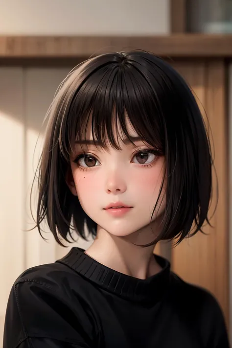 masterpiece, best quality,8K,realistic,
,
1girl, solo, short hair, black hair, sweater, black eyes, blurry, blurry background, looking to the side, closed mouth, lips, indoors, bangs, looking away, white sweater, upper body, portrait, nose, bob cut, depth of field, shirt, brown hair, white shirt