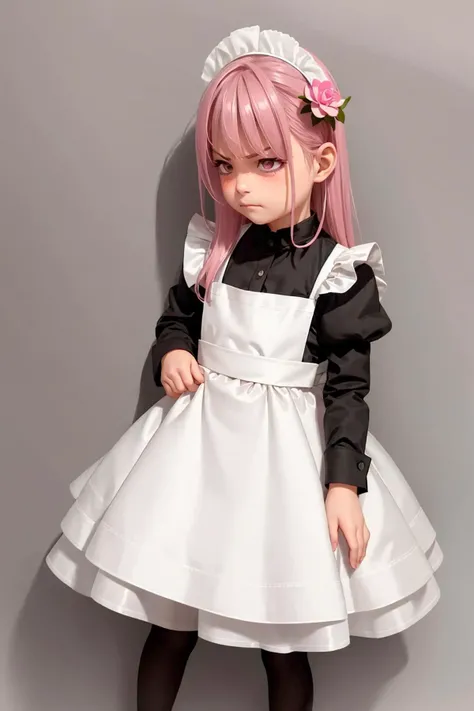 masterpiece, best quality, 1girl,blush,angry,closed mouth,,bangs, (pink hair:1.2),hair flower,long sleeves,black shirt,white dress, long hair,shiny hair, shiny skin,maid,maid headdress,maid apron,maid dress, pantyhose,(white legwear:1.2), simple background, grey background,light face,
