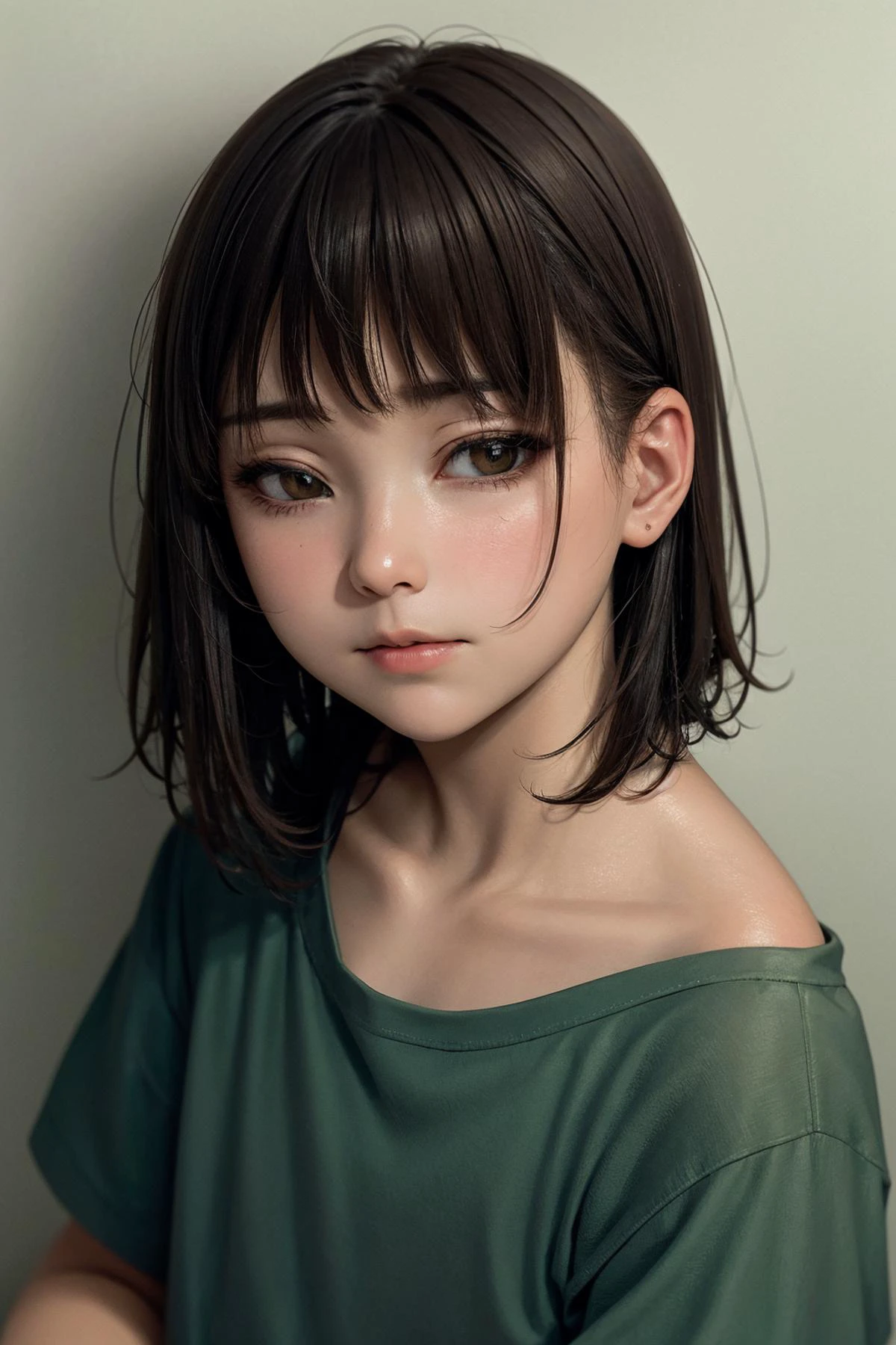 masterpiece, best quality,8K,realistic,
,
1girl, solo, lips, brown hair, looking at viewer, brown eyes, black hair, closed mouth, short hair, shirt, simple background, bangs, upper body, green shirt, portrait, grey background, nose, pillow