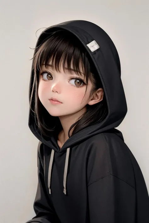 masterpiece, best quality,8K,realistic,
5yo,
1girl, solo, hoodie, hood, long hair, brown hair, black eyes, hood up, white hoodie, lips, simple background, closed mouth, upper body, drawstring, yellow background, looking at viewer, traditional media, brown eyes, grey hoodie, portrait, bangs, black hair, nose,