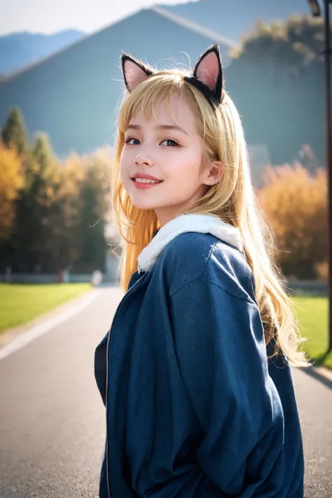 masterpiece, best quality,8K,realistic, High definition, photography, depth of field,HDR, highres,(photoshop \(medium\):1) ,20yo,medium breasts, 
,outdoors, 
1girl,long hair,bangs,blue jacket,(blonde hair:1.2),cat ears, smile