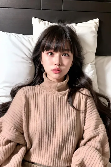 masterpiece, best quality,realistic,
,
1girl, solo, black hair, long hair, lying, looking at viewer, on back, sweater, lips, black eyes, bangs, dress, hair ornament, long sleeves, bed sheet, bed, arms up, on bed, blunt bangs, star (symbol), brown eyes, turtleneck