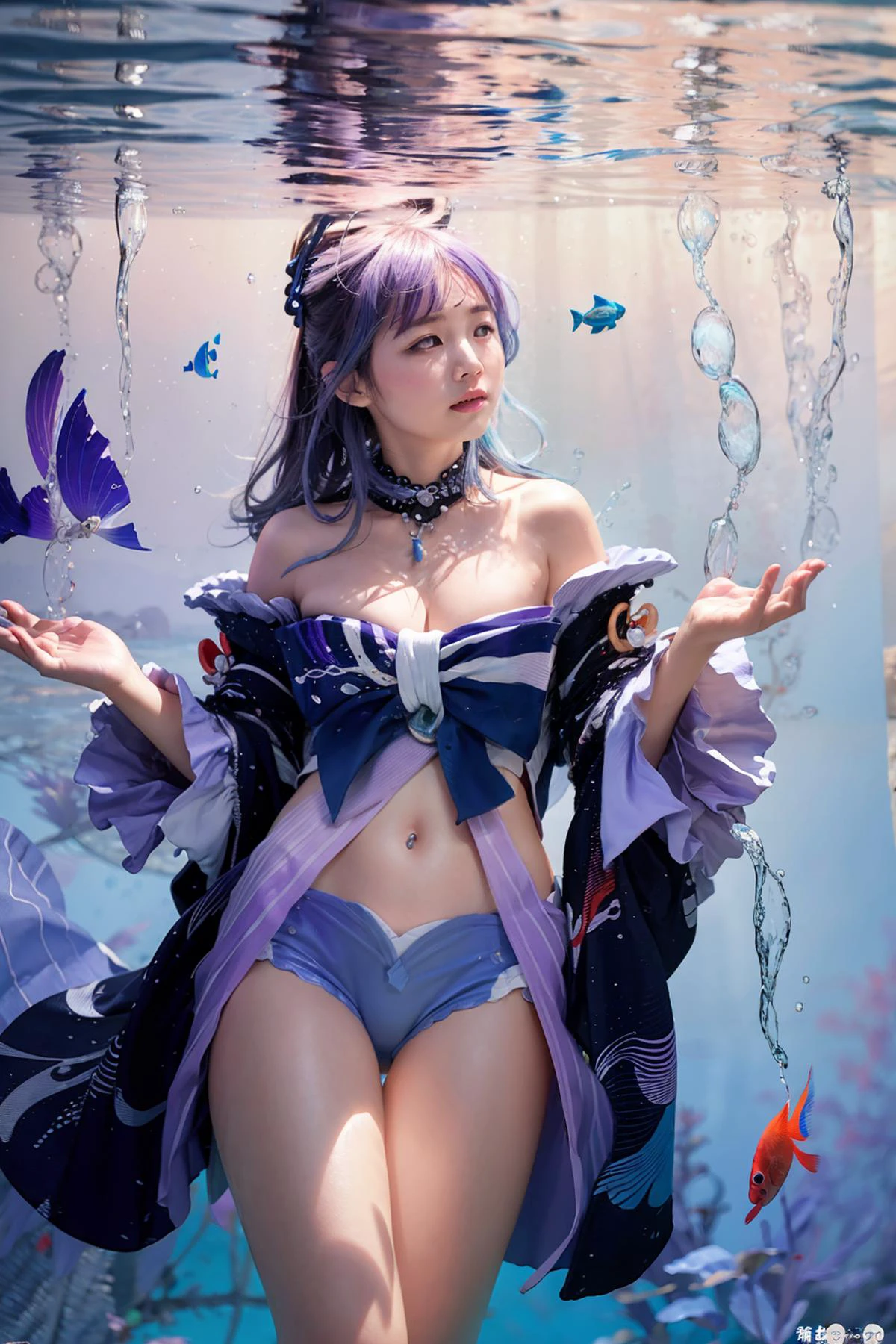 masterpiece, best quality,realistic, High definition, photography, depth of field,HDR, highres,(photoshop \(medium\):1.2) ,fish,
<lora:å¿æµ·:1>,1girl,sangonomiya kokomi, long hair,multicolored hair, purple hair, blue hair,under water,japanese clothes, bare shoulders, navel,thighs,