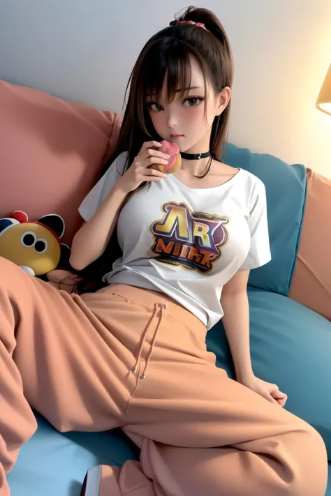 1girl, Peach, (Rex from Toy Story) , well-built (sweatpants:1.3) , spread legs, baggy tshirt, eating Guava, choker, sitting on couch, holding smartphone, trash on the floor, wrappers, cinematic lighting, adult, perfect skin, frown, frizzy, (best quality, masterpiece, 4k, ultra detailed, sharp focus, 8k, high definition, insanely detailed, intricate:1.2)