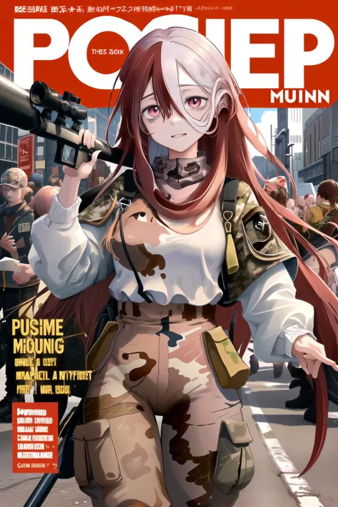 ((((best quality))), (((ultra detailed))), (((masterpiece))), illustration,(Magazine cover-style illustration of a military woman in a vibrant outfit), posing in front of a colorful and dynamic background. She has a confident expression, The text on the cover should be bold and attention-grabbing, with the title of the magazine and a catchy headline. The overall style should be modern and trendy, with a focus on fashion and lifestyle), wall paper,crowds,fashion,ray tracing,depth of field, street,in public,day,solo,glossy skin, contrapposto, female focus,street,in public, camouflage, camouflage jacket, camouflage pants, cool, <lora:vuekoSageMadeInAbyss:1>, vuekosage, ver long hair, bags under eyes, (sniper rifle), sniper scope, holding weapon,