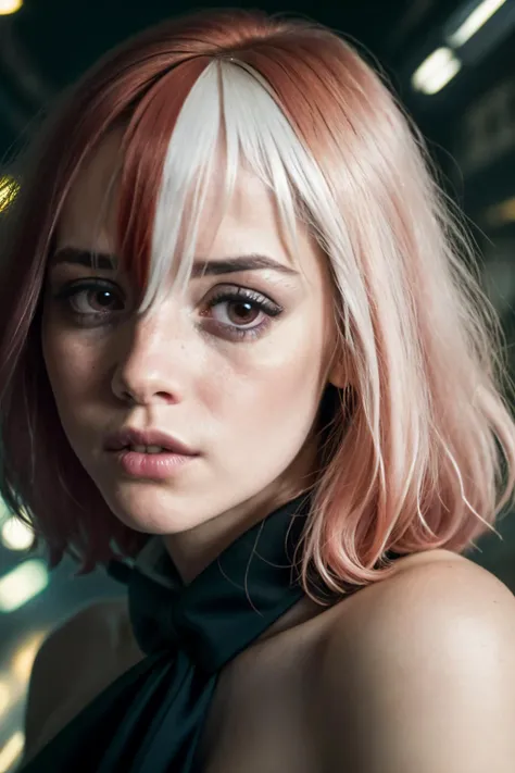 RAW face closeup portrait of a woman wearing a tuxedo, professional photography, in blade runner, high resolution, 4k, 50mm, vaporwave, photo by Brooke Shaden, close portrait, model, <lora:vuekoSageMadeInAbyss:1>, vuekosage, short hair, bags under eyes, red hair, white hair, two-tone hair