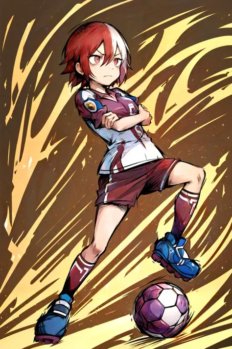 Masterpiece, best quality, 1girl, female focus, solo, <lora:vuekoSageMadeInAbyss:1>, vuekosage, short hair, soccer uniform, soccer ball, <lora:MarioStrikerStyle-06:.9>, Mario Striker Style, angry, standing, full body, closed mouth, pose