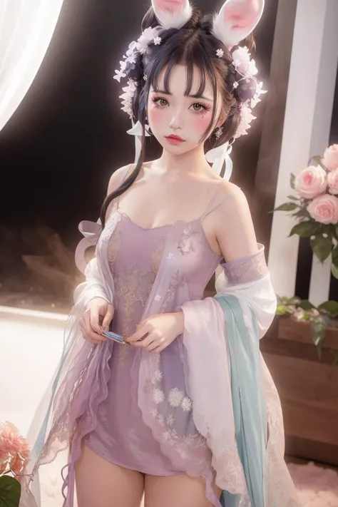 best quality, ultra high res,prefect anatomy,
extremely intricate, 8k uhd,
1girl,solo,
qh dress,qh hair ornament,rabbit ears
indoor,bedroom,
<lora:xj3clothes:0.8>