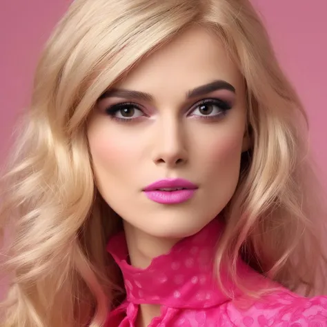 Portrait of (ohwx woman) <lora:KieraKnightly:1> as Barbie, pink dress