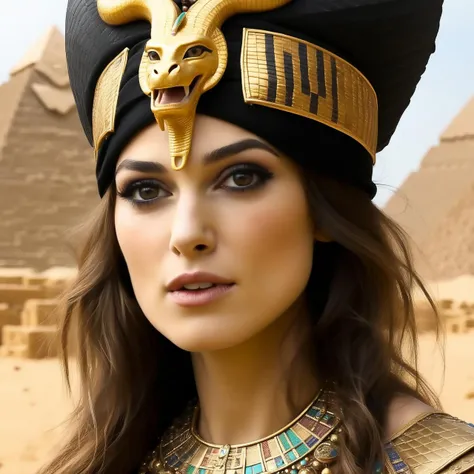 Photo of (ohwx woman) <lora:KieraKnightly:1> as an Egyptian queen, serpent headdress, golden serpent jewelry. pyramids, Egypt