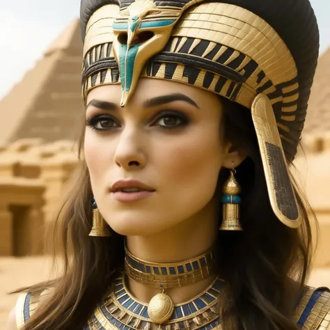Photo of (ohwx woman) <lora:KieraKnightly:1> as an Egyptian queen, serpent headdress, golden serpent jewelry. pyramids, Egypt