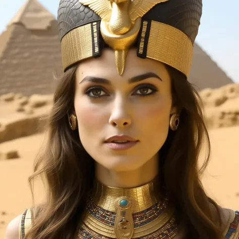 Photo of (ohwx woman) <lora:KieraKnightly:1> as an Egyptian queen, serpent headdress, golden serpent jewelry. pyramids, Egypt