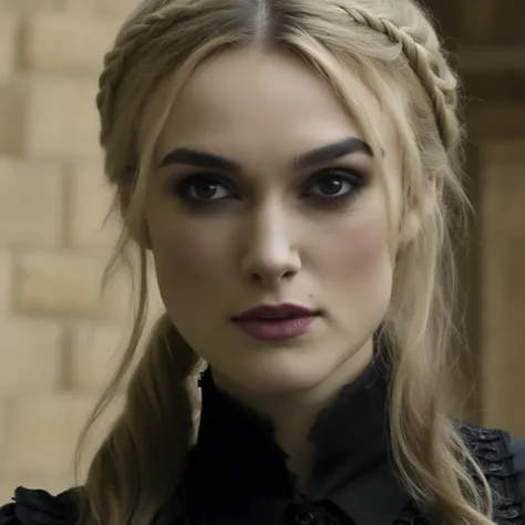 photo of (ohwx woman) as Wednesday Adamas, wearing gothic clothes, braided pigtails, in a castle, sharp focus, looking at the camera, makeup, cinematic look, <lora:KieraKnightly:1>