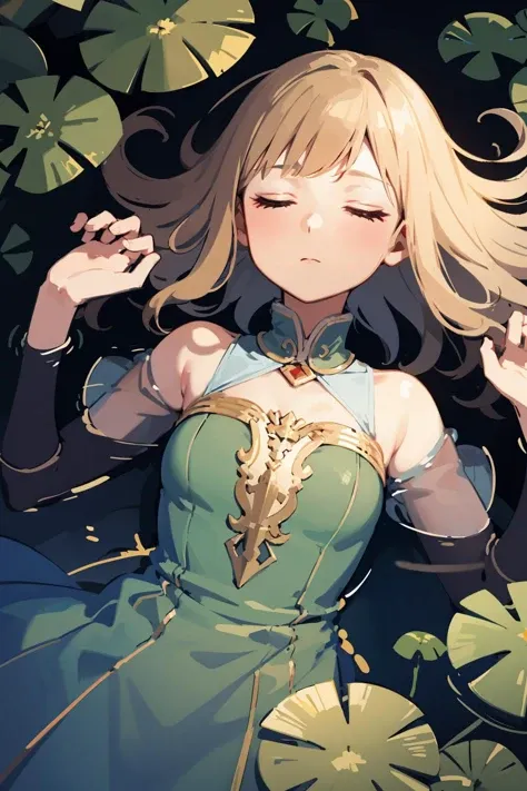 masterpiece,high quality,highres,1girl,solo,<lora:ophelia-parody-v2-wasabiya:0.8>,ophesyle,open hands,partially submerged,on back,from side,closed eyes,emotionless,lily pad,dress,