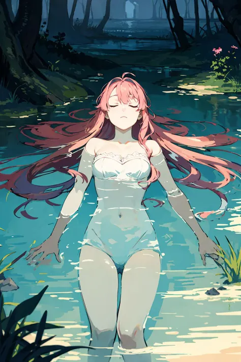 masterpiece,high quality,highres,1girl,solo,<lora:ophelia-parody-v1-wasabiya:1>,ophesyle,water,partially submerged,closed eyes,emotionless,branches,swamp,,(pink hair ),long hair,dawn ,,