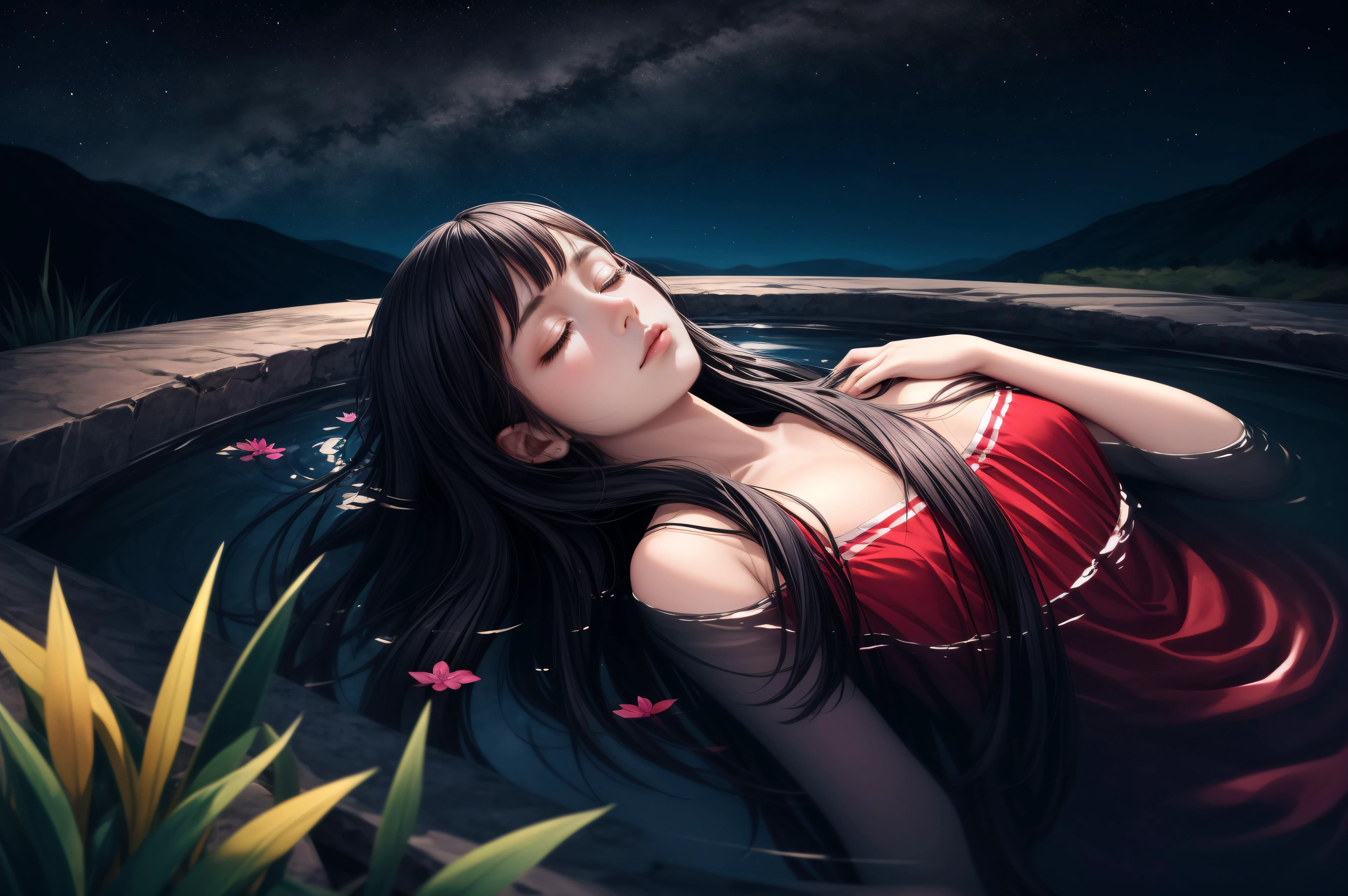 (masterpiece, best quality), long hair, black hair, dark blue eyes, <lora:ophelia-parody-v2-wasabiya:0.8> ophesyle, water,partially submerged,closed eyes,nature, night sky,on back,
<lora:add_detail:0.8>,