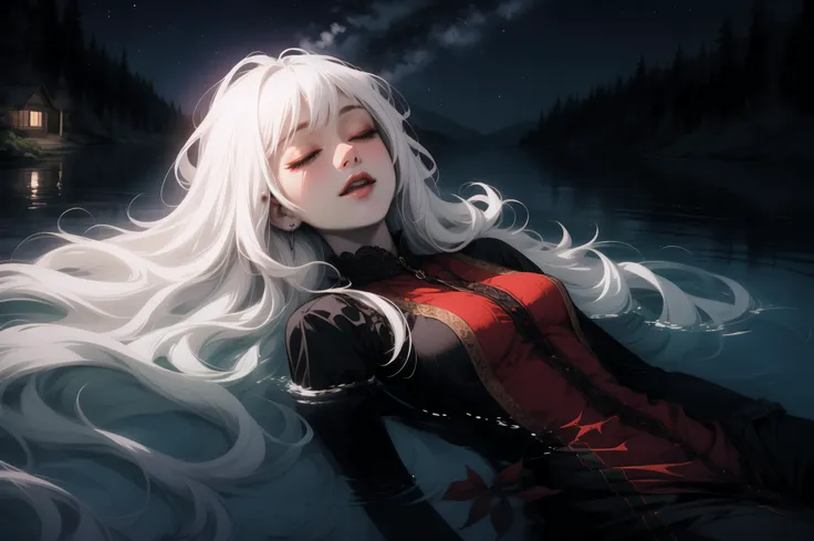 (masterpiece, best quality), female, white hair, long hair, <lora:ophelia-parody-v2-wasabiya:0.8> ophesyle, water,partially submerged,closed eyes,nature, night sky,on back,
<lora:add_detail:0.8>,