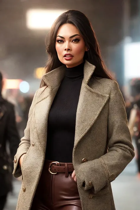 photo of (t3r4patrick:0.99), a woman as a movie star, modelshoot style, (extremely detailed CG unity 8k wallpaper), photo of the most beautiful artwork in the world, professional majestic oil painting by Ed Blinkey, Atey Ghailan, Studio Ghibli, by Jeremy Mann, Greg Manchess, Antonio Moro, trending on ArtStation, trending on CGSociety, Intricate, High Detail, Sharp focus, dramatic, photorealistic painting art by midjourney and greg rutkowski, (long brown coat), (turtleneck), ((comicon event)), (leather trousers), ((standing on the red carpet)), ((paparazzi in the background)), (looking at viewer), (detailed pupils:1.3), (modern outfit:1.2), (closeup), red lips, (eye shadow)