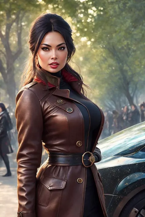 photo of (tp4atrick-1000:0.99), a woman as a movie star, modelshoot style, (extremely detailed CG unity 8k wallpaper), photo of the most beautiful artwork in the world, professional majestic oil painting by Ed Blinkey, Atey Ghailan, Studio Ghibli, by Jeremy Mann, Greg Manchess, Antonio Moro, trending on ArtStation, trending on CGSociety, Intricate, High Detail, Sharp focus, dramatic, photorealistic painting art by midjourney and greg rutkowski, (long brown coat), (turtleneck), ((comicon event)), (leather trousers), ((standing on the red carpet)), ((paparazzi in the background)), (looking at viewer), (detailed pupils:1.3), (modern outfit:1.2), (closeup), red lips, (eye shadow)
