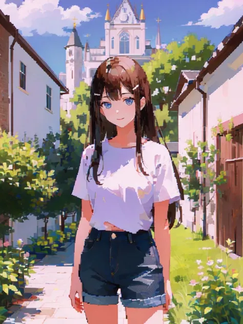 (pixel_style),1girl, blue eyes, cowboy shot, close-up, long hair, hairclip, white t-shirt, denim shorts,(sweet smile:0.6),((closed mouth)), looking at viewer,standing, upper body, outdoors, european town, european style houses, (castle), noon, streets, sunshine, ((blue sky)),((white clouds)), <lora:pixel_styleV10:1.2>,