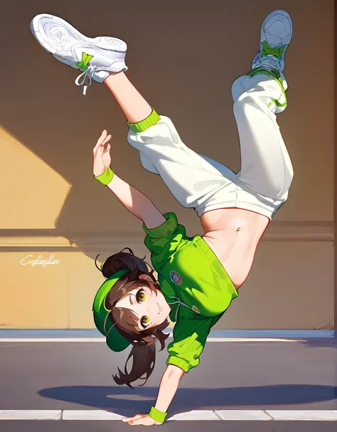score_9, score_8_up, score_7_up, vibrant color, <lora:bdancepxl:1>, bdancepxl, 1girl, handstand, breakdance pose, on sidewalk, upside down, looking at viewer, holding foot, one-handed stand, best quality, masterpiece, green tracksuit, team Australia, green and yellow, brown hair, green hat, white sneakers, intricate