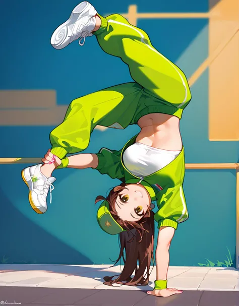 score_9, score_8_up, score_7_up, vibrant color, <lora:bdancepxl:1>, bdancepxl, 1girl, handstand, breakdance pose, on sidewalk, upside down, looking at viewer, holding foot, one-handed stand, best quality, masterpiece, green tracksuit, team Australia, green and yellow, brown hair, green hat, white sneakers, intricate