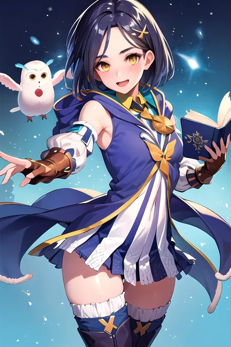 masterpiece, best quality, highres, 1girl, (large open book:1.2), owl, Rinwell, dynamic pose, short hair, hair ornament, skirt, thighhighs, fingerless gloves, detached sleeves, hood down, sleeveless, coat, dancing lights, looking at viewer, thunder <lora:RinwellLORA:1>