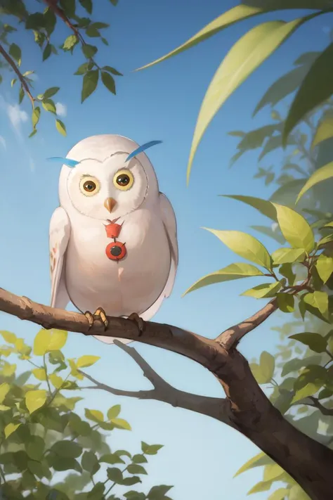 masterpiece, best quality, absurdres, owl, close-up, hill, single tree, on branch, sky, (chibi)
