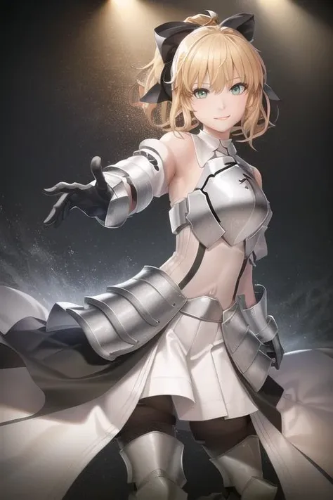 masterpiece, best quality, CG, wallpaper, HDR, high quality, high-definition, extremely detailed, saber lily, armored dress, breastplate, green eyes, looking at viewer, dynamic pose, smile,
