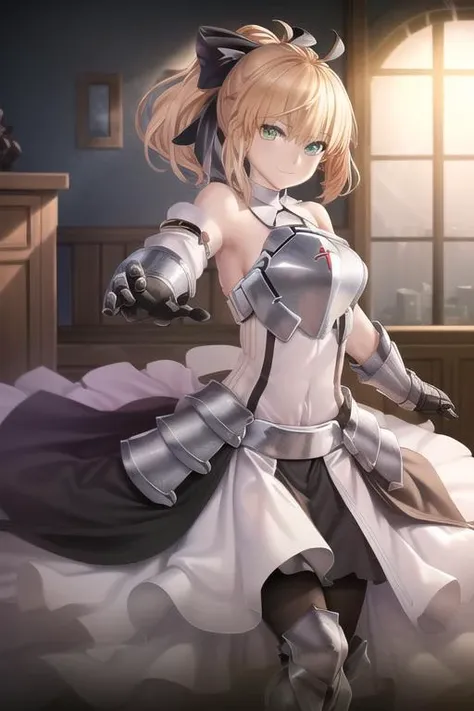 masterpiece, best quality, CG, wallpaper, HDR, high quality, high-definition, extremely detailed, saber lily, armored dress, breastplate, green eyes, looking at viewer, dynamic pose, smile,
