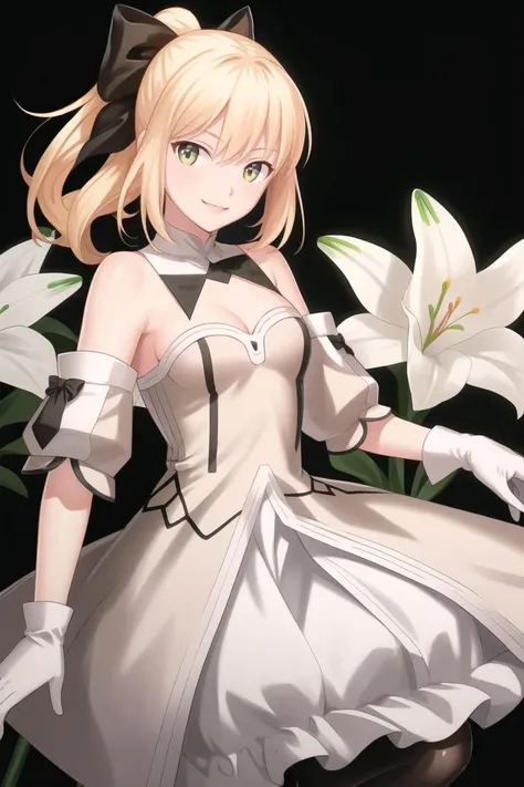 masterpiece, best quality, CG, wallpaper, HDR, high quality, high-definition, extremely detailed, saber lily, white dress, green eyes, looking at viewer, dynamic pose, smile,