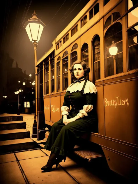 <lyco:jasmine sam-v2.0:1> artstyle, sketch, color, busty woman, Nostalgic, Sophisticated, City Explorer, Busy Downtown, Retro Trolley Car, Quaint Side Street, Vintage Fashion, Weathered Walls, Urban Architecture Background, Contemplative Pose, Sitting on Stairs, Dim Streetlight Illumination, Rule of Thirds Composition, Moderate Depth of Field, Faded Color Palette, High Contrast