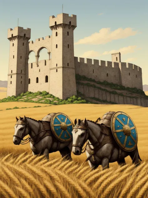 <lyco:jasmine sam-v2.0:1> artstyle, sketch, color, Realistic, Intense, Medieval Fortress, Ruthless Raiders, Polearms and Shields, Rolling Hills, Tall Wheat Field, Polished Metal Weapons, Sturdy Stone Texture, Symmetrical Composition, Strong Lighting, Natural Color Palette, Eye-Level Perspective, Detailed Texturing, High Contrast
