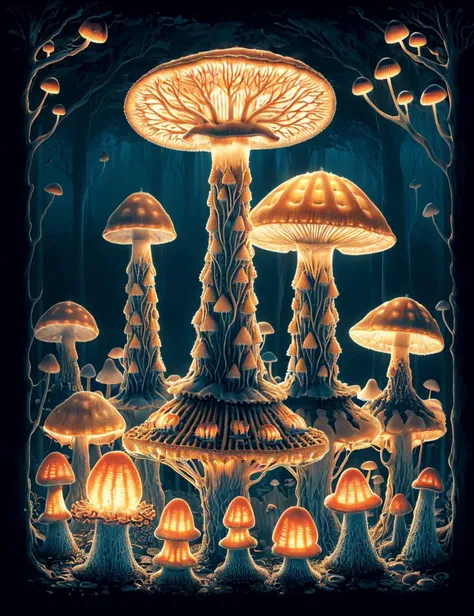 masterpiece illustration, detailed,DonMN1x137ub35 coral monumental conical fuzzy mushroom, waffle,  fungal hyphae surrounding root cells, fjord, terrestrial-woodland, self-illuminating, cobalt blue subdecurrent gills, polypore hymenium,,membranous veil,,waxy volva   } <lora:DonMN1x137ub35:0.8>